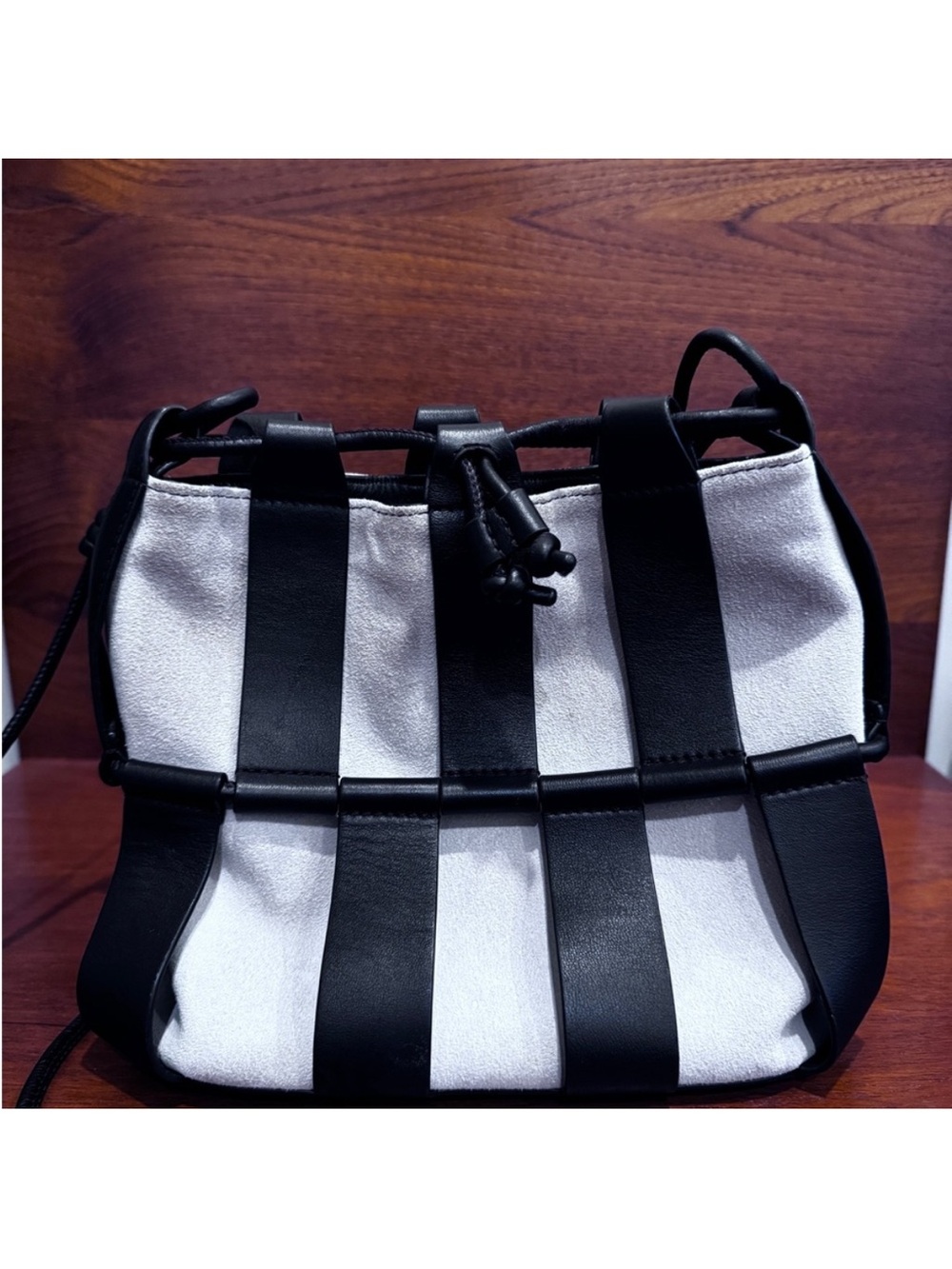 Canvas and Leather Drawstring Crossbody Bag in Cream and Dark Brown - Picture 4 of 7